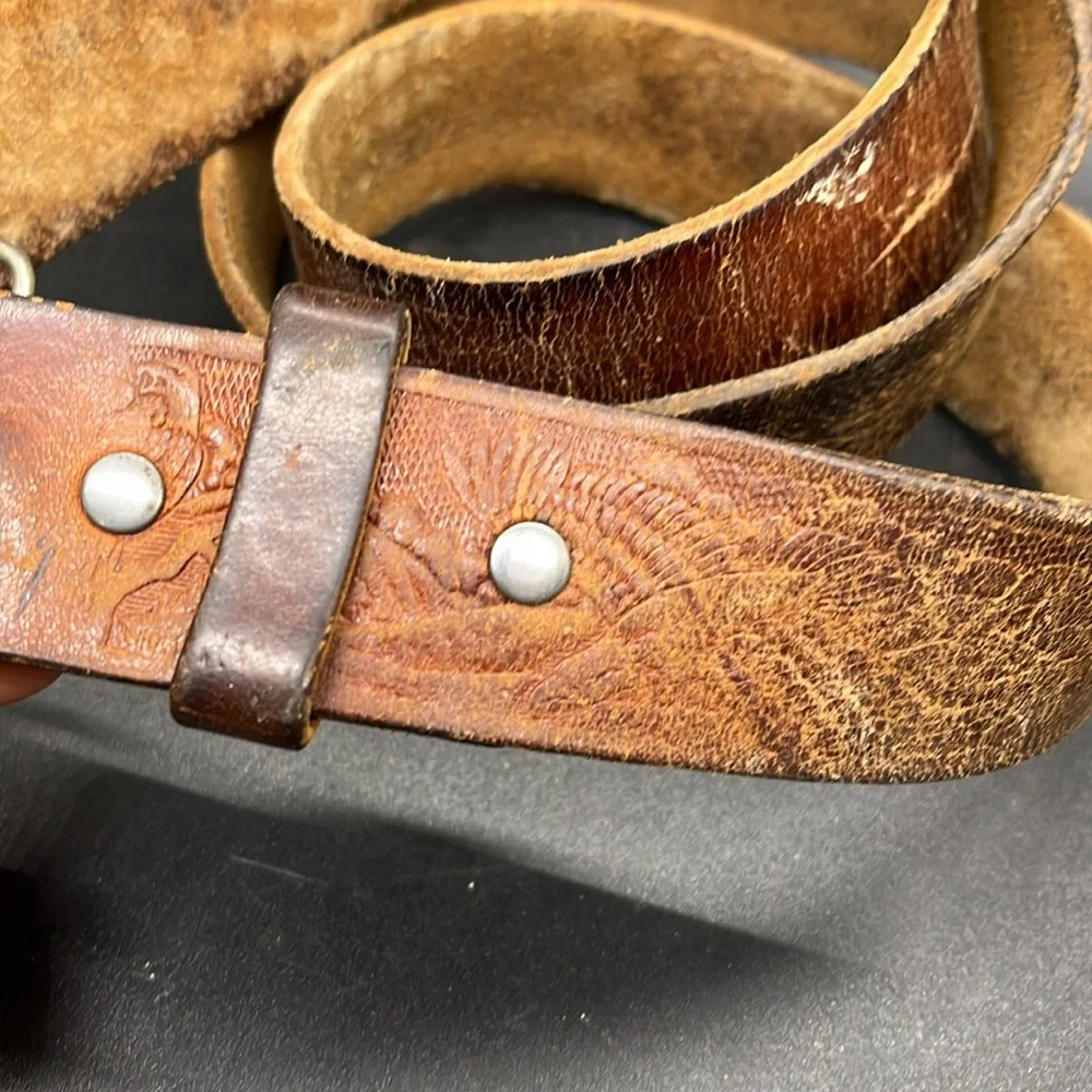 Vintage Brown Leather Men's Belt with Guitar Buckle